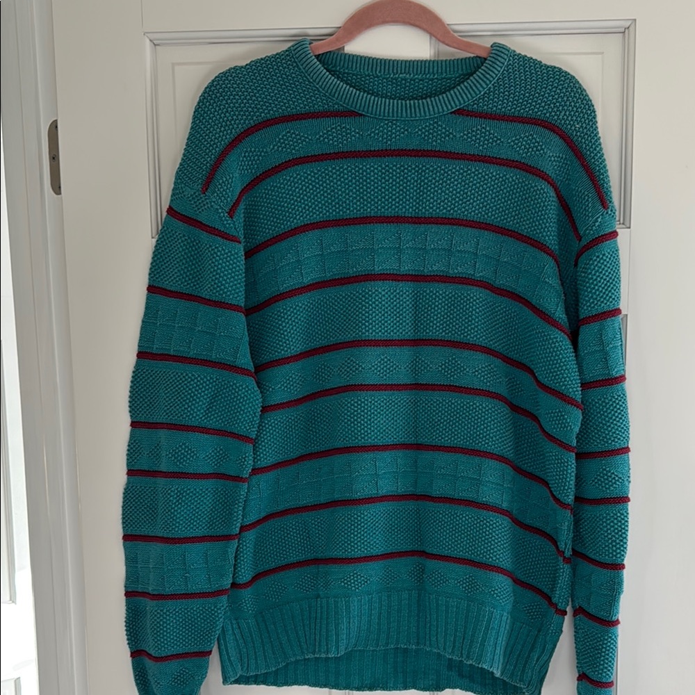 Vintage Men’s Teal and Maroon Striped Sweater